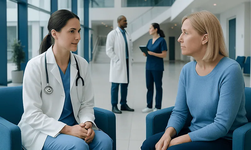 Doctor consulting with a patient in a modern hospital lobby.