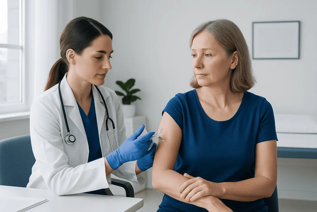 Nurse administering pneumococcal vaccine to a patient in a clinic.