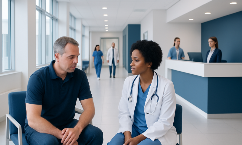 Doctor consulting with a patient in a modern hospital corridor.