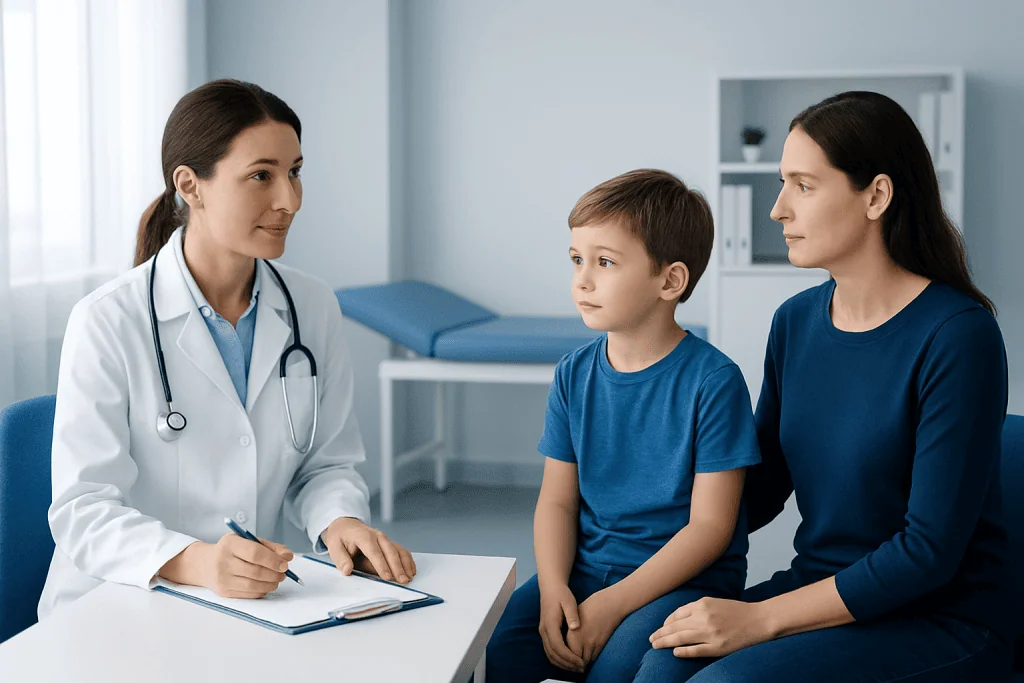 Pediatric consultation at Acibadem Hospital with doctor and mother.