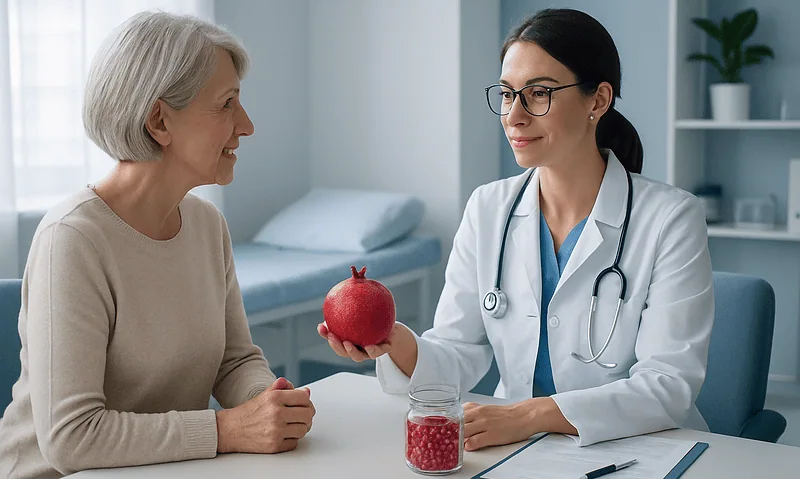Blog 9 Doctor explaining pomegranate health benefits to elderly woman.