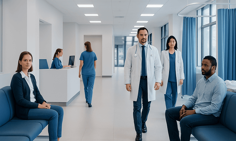 Medical consultation in a modern hospital waiting area with doctors and patients.