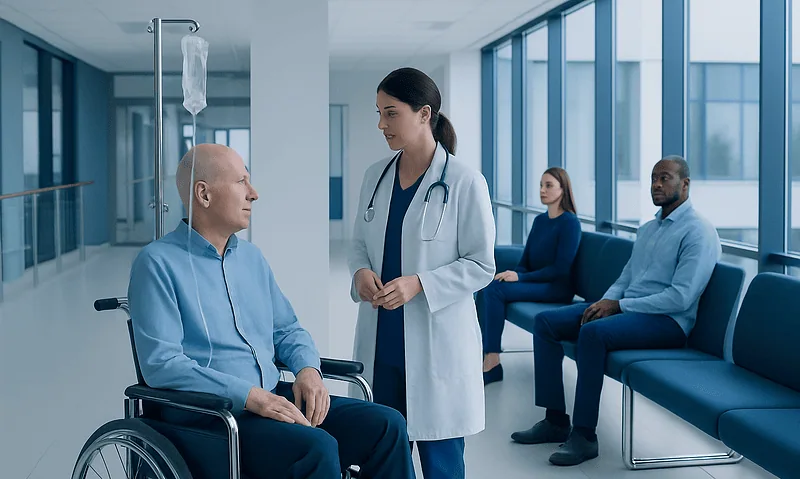 Doctor consulting with elderly patient in hospital corridor.