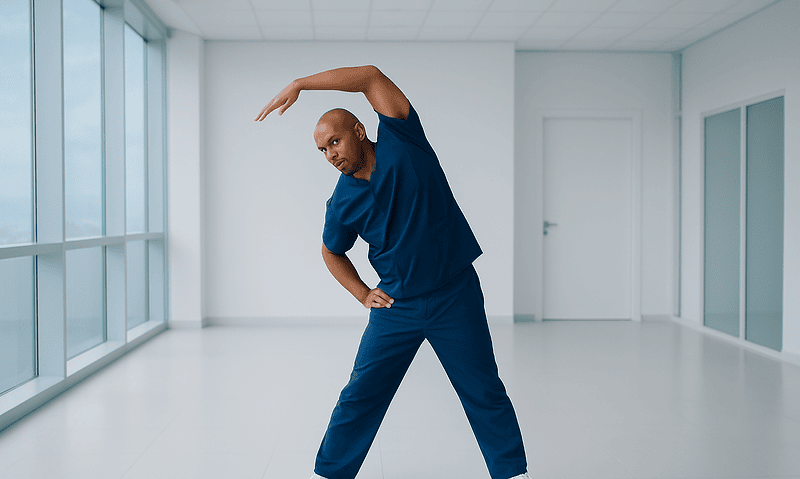 Healthcare professional stretching in a modern clinic setting.