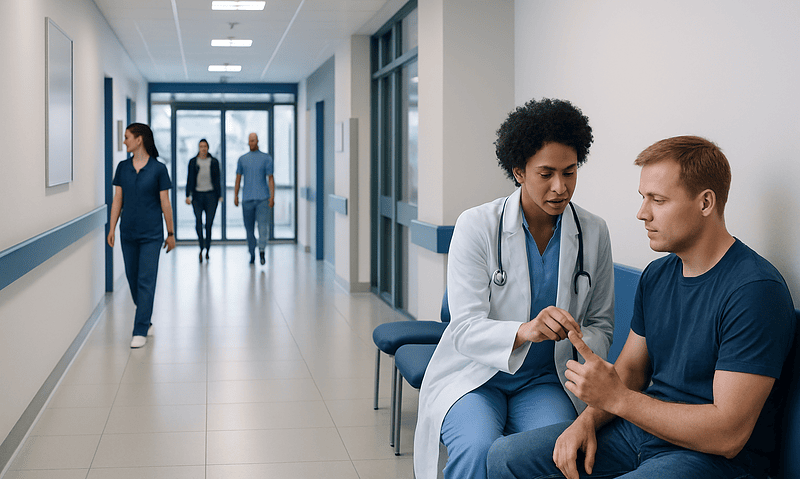 Healthcare professional examining patient's wrist in hospital corridor.