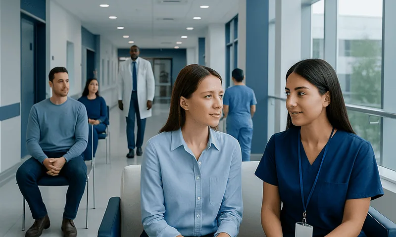 Patients waiting in a modern hospital corridor at Acibadem Hospitals Group.