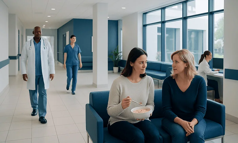 Hospital waiting area with patients and medical staff.