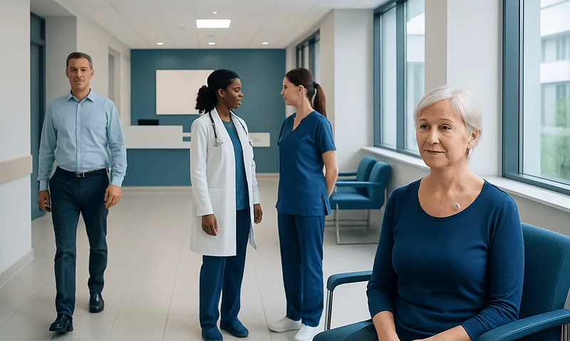 Healthcare professionals and patient in a hospital corridor.