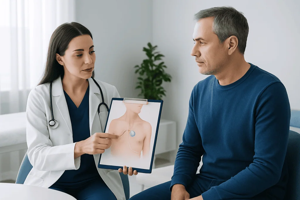 Doctor explaining port catheter to patient during consultation.