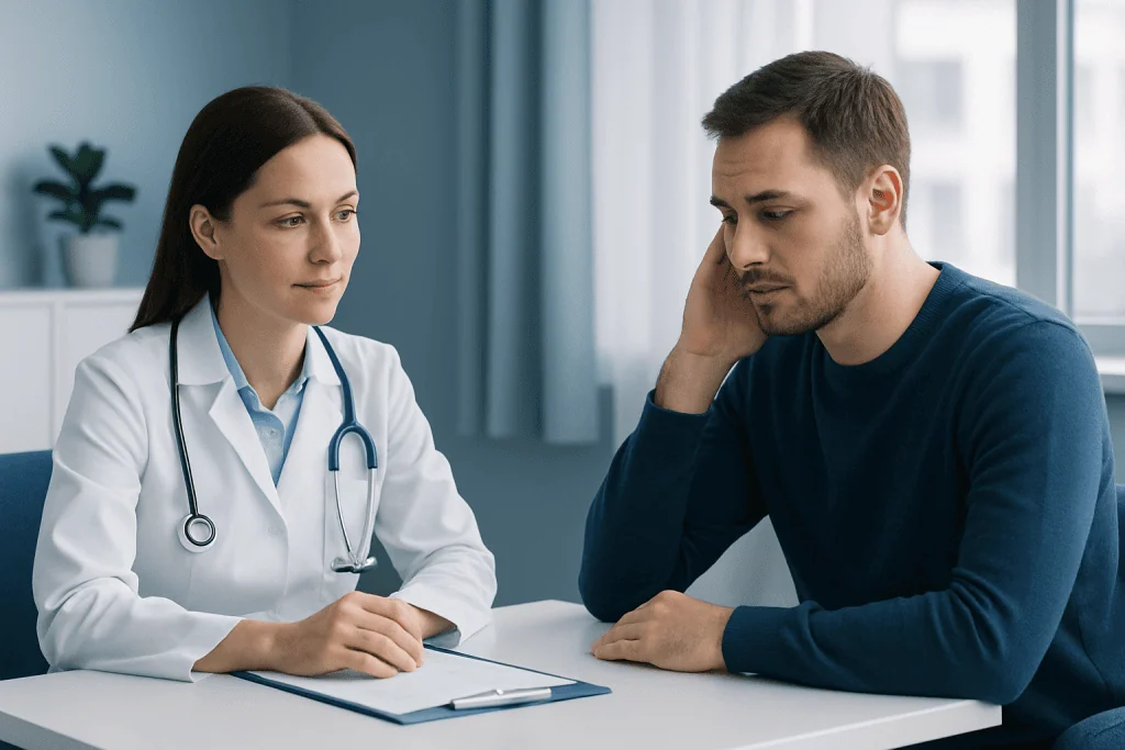 Doctor consulting with a male patient in a medical office setting.