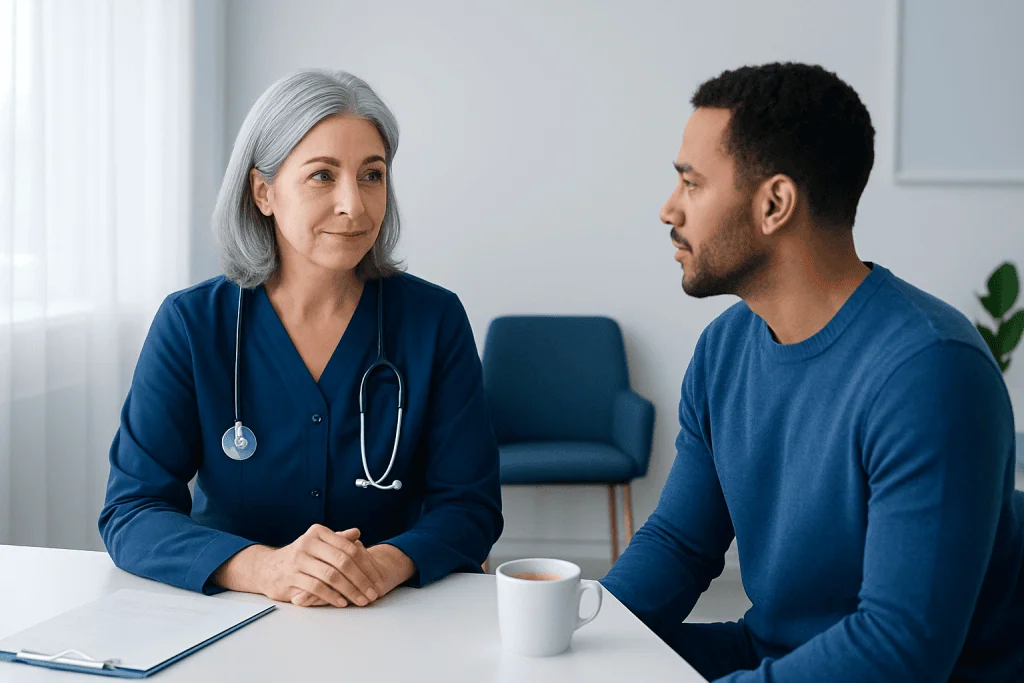 Doctor consulting with a patient in a modern medical office.
