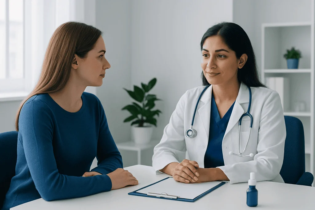 Doctor consulting with a patient in a modern medical office.