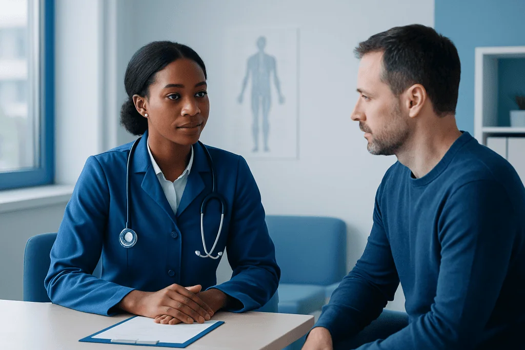 Doctor consulting with a patient in a medical office setting.