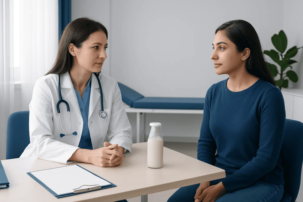 Doctor consulting patient about camel milk benefits in a clinical setting.