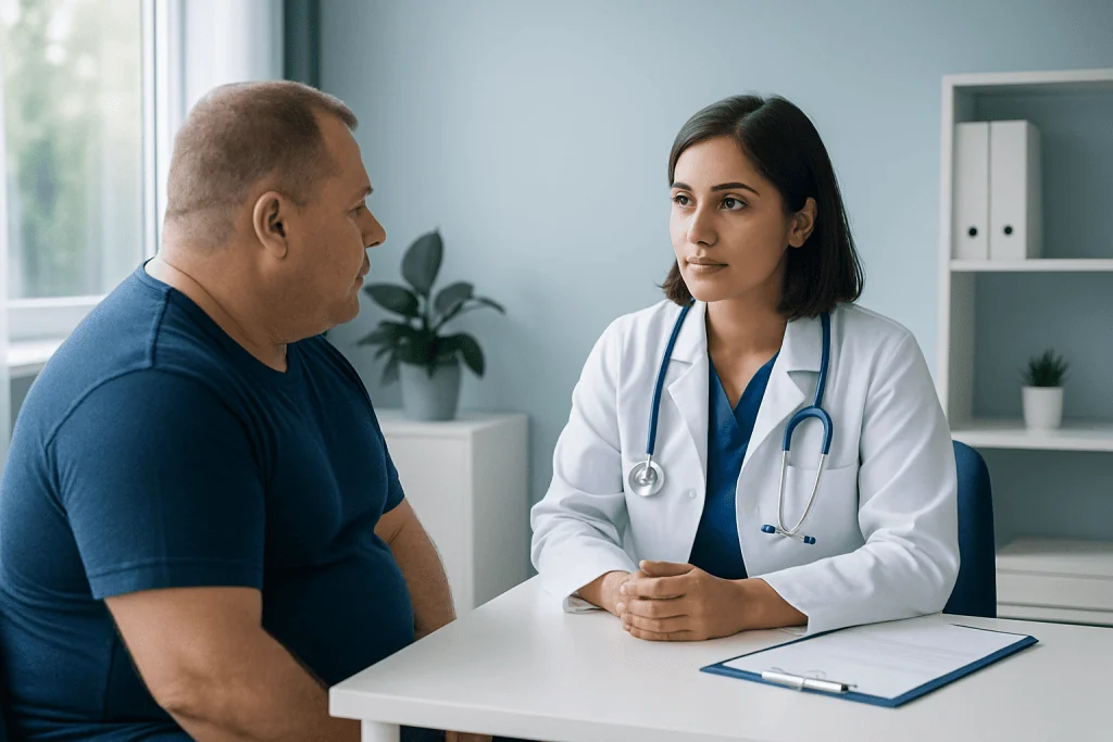 Doctor consulting with male patient in a medical office.