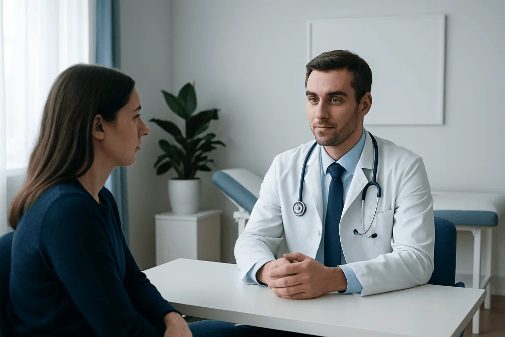 Doctor consulting with a patient in a modern medical office.