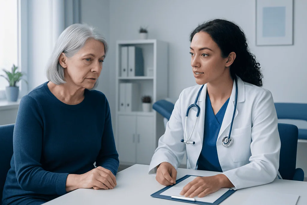 Doctor consulting with an elderly female patient in a medical office.