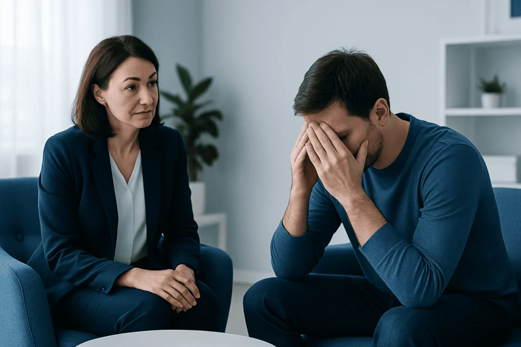 Therapist listening to a distressed man in a counseling session.