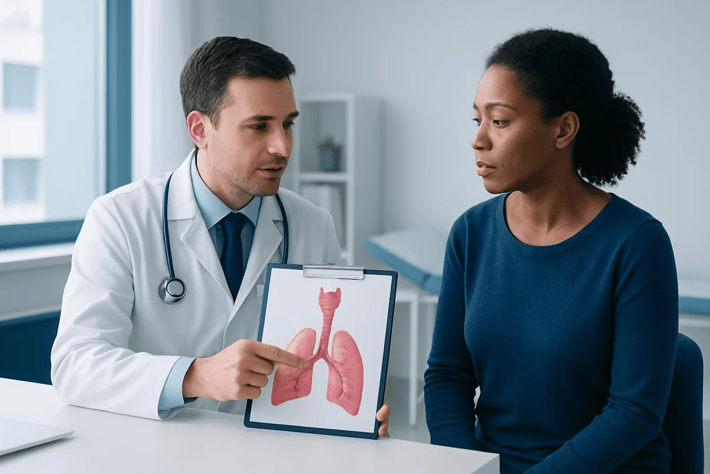 Doctor explaining tracheal deviation to patient with lung diagram.
