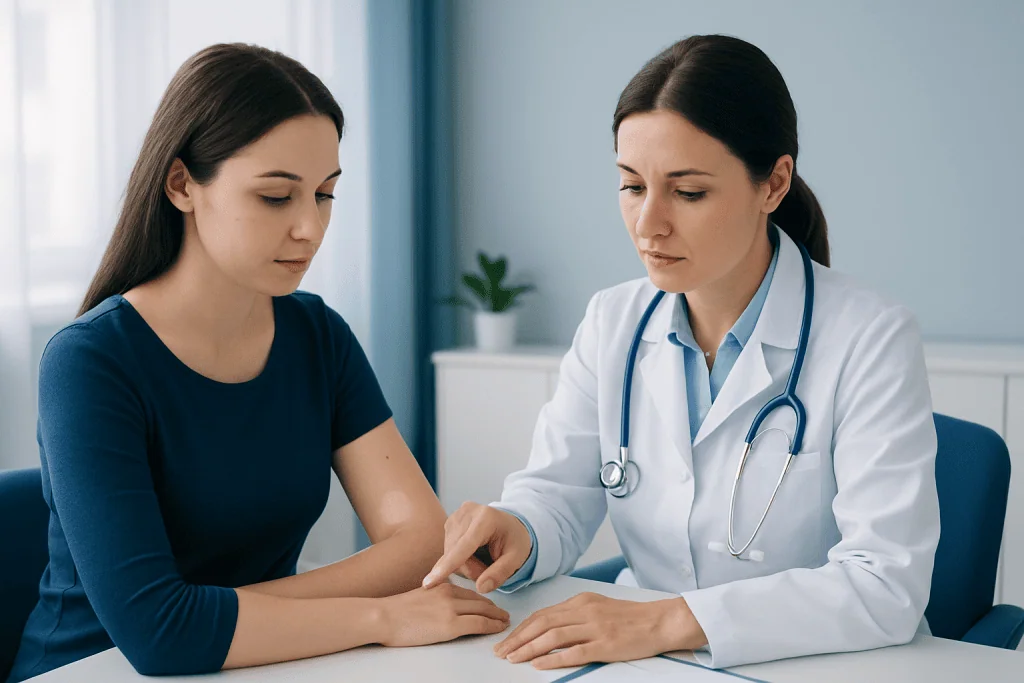 Doctor examining a young woman's wrist in a medical consultation room.