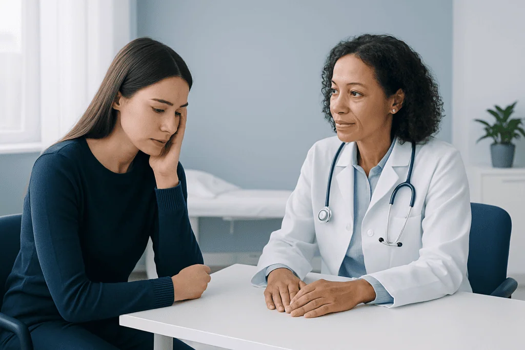 Patient consulting with a doctor in a medical office setting.