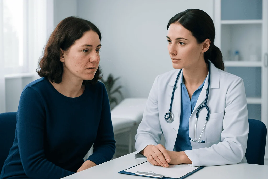 Doctor consulting with a patient about skin concerns in a medical office.