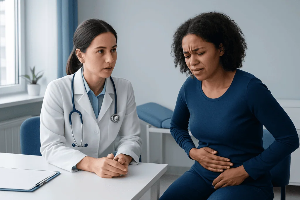 Doctor consulting a patient with abdominal pain in a medical office.