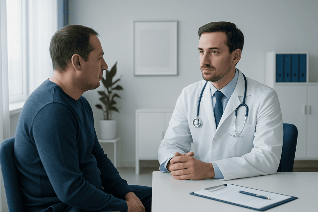 Doctor consulting with a patient in a modern medical office.