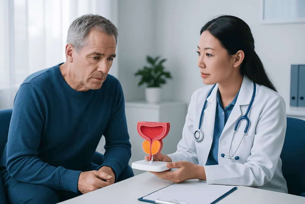 Urologist explaining prostate anatomy to a patient in a consultation room.