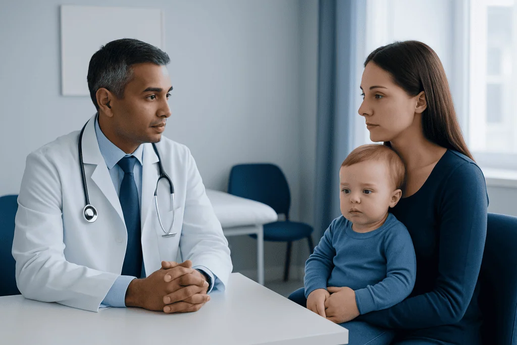 Pediatric consultation at Acibadem Hospital with doctor and mother with child.