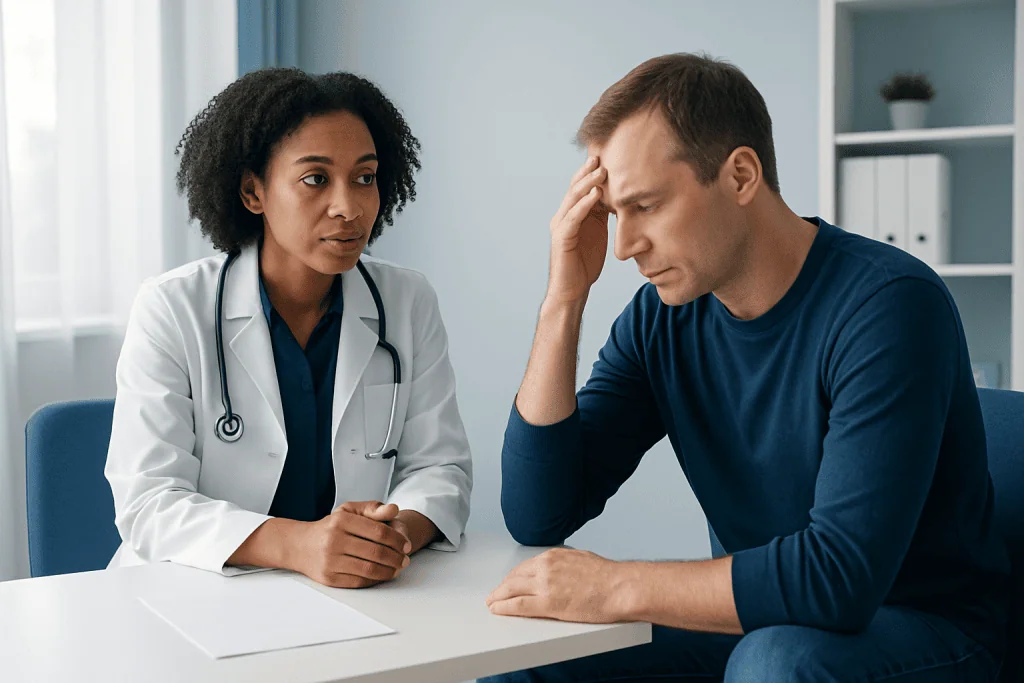 Doctor consulting with a patient experiencing headache symptoms.