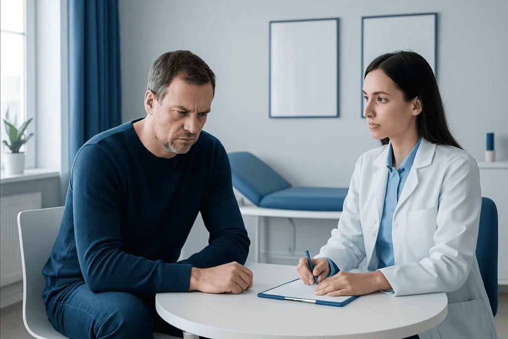 Doctor consulting with male patient in a medical office.