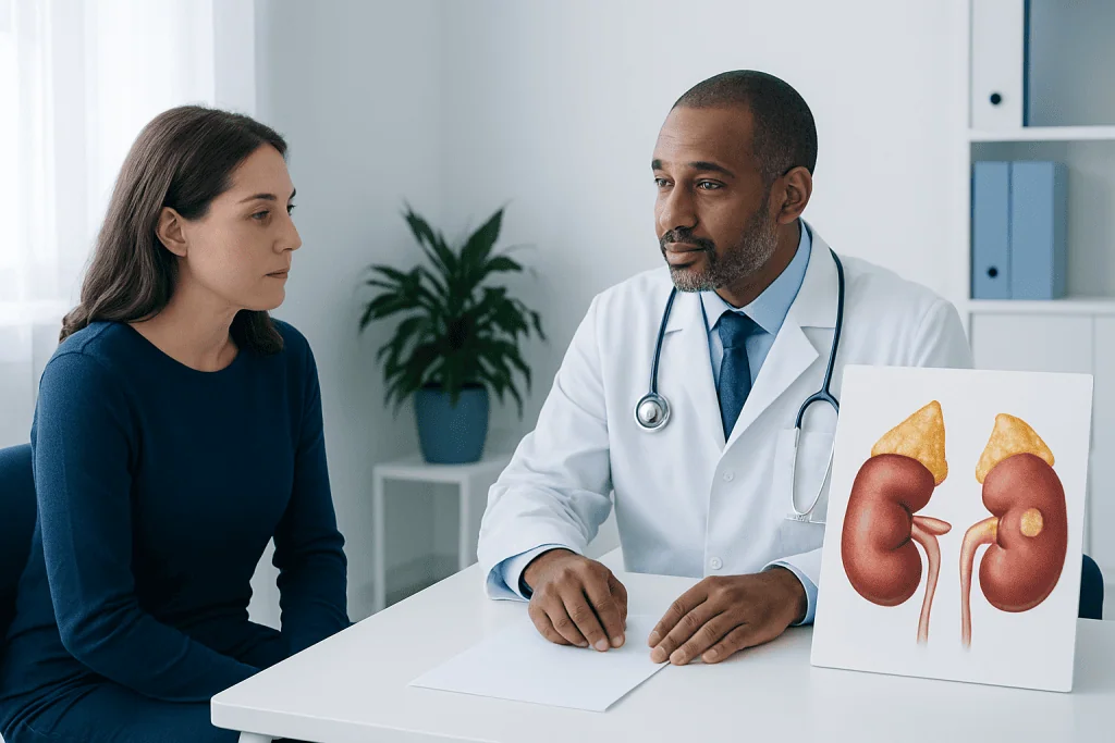 Doctor explaining kidney anatomy to a patient in a medical consultation.