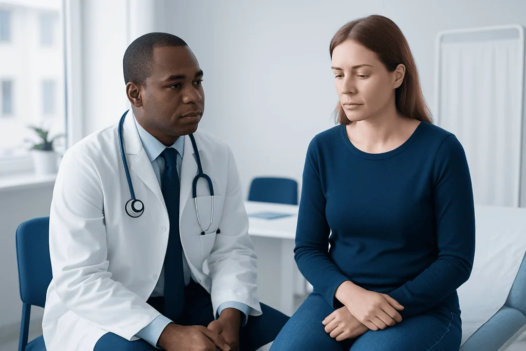 Doctor consulting with a female patient in a hospital room.