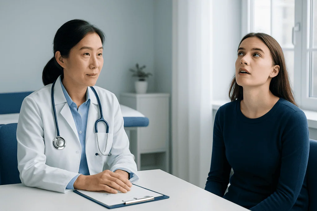 Doctor consulting with a young female patient in a medical office.