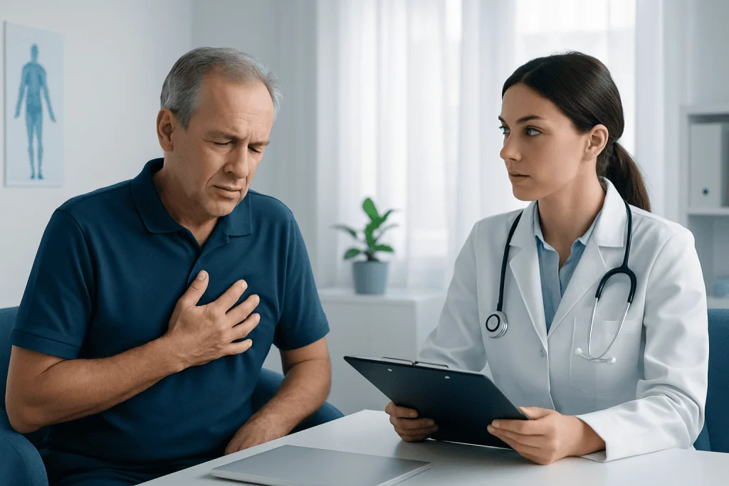 Patient experiencing chest discomfort during medical consultation at Acibadem Hospital.