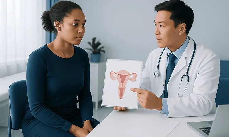 Doctor explaining uterine health to a patient with a diagram of the female reproductive system.