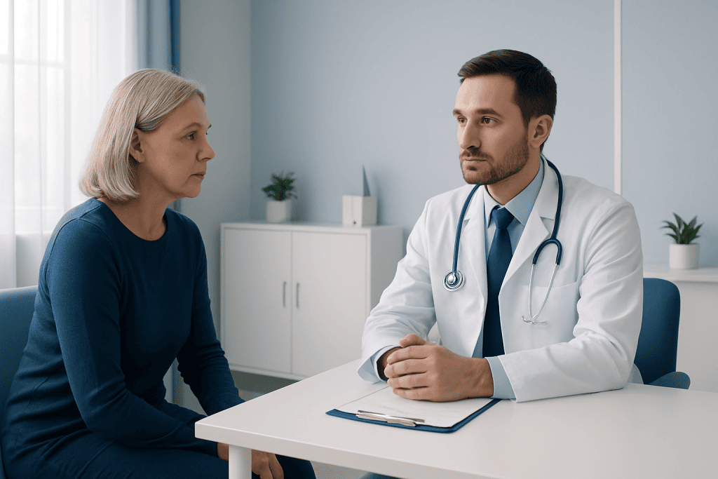 Doctor consulting with an elderly female patient in a medical office.