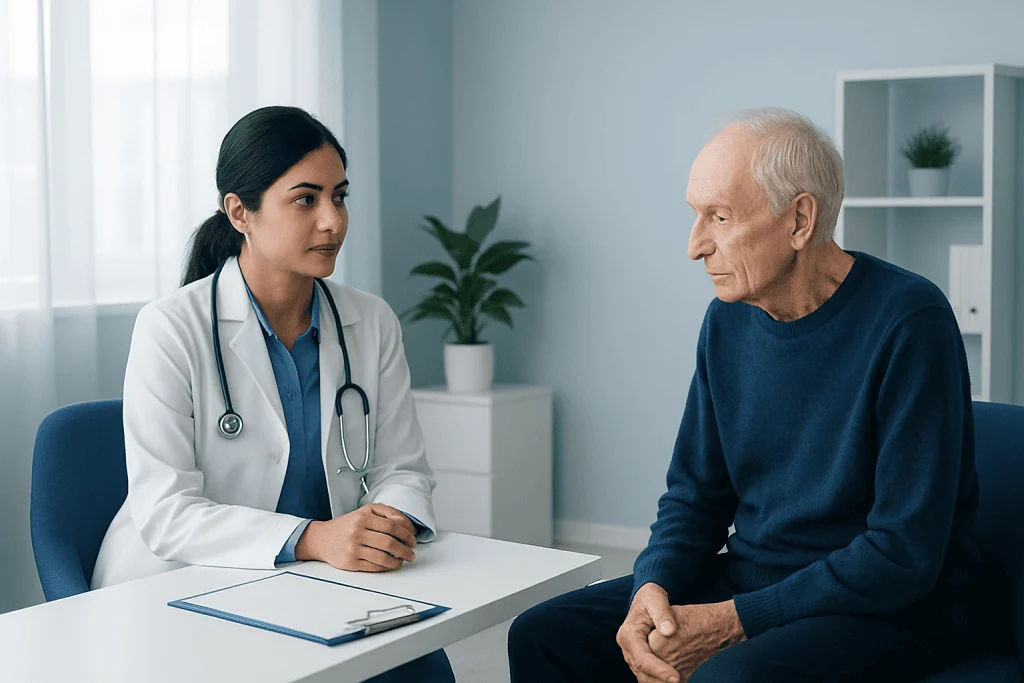 Doctor consulting elderly patient about health concerns in a clinic setting.