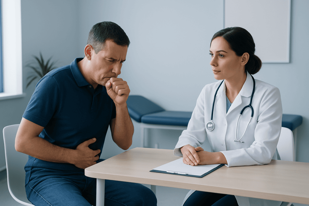 Doctor consulting with a patient about stomach pain during cough in a medical office.