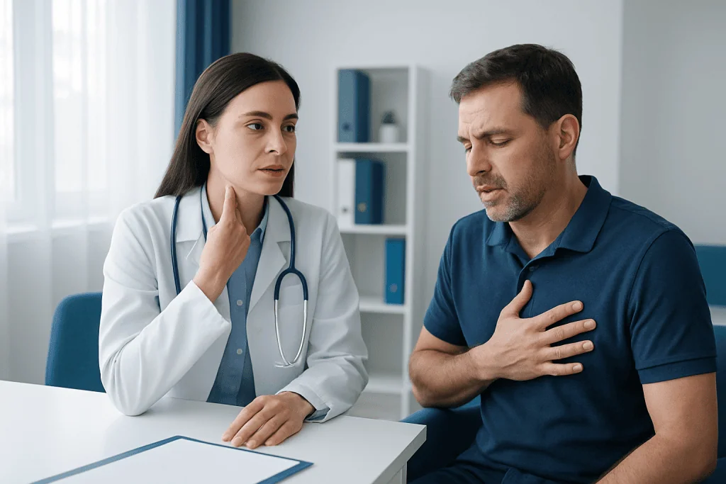 Doctor consulting a patient with chest pain in a medical office.