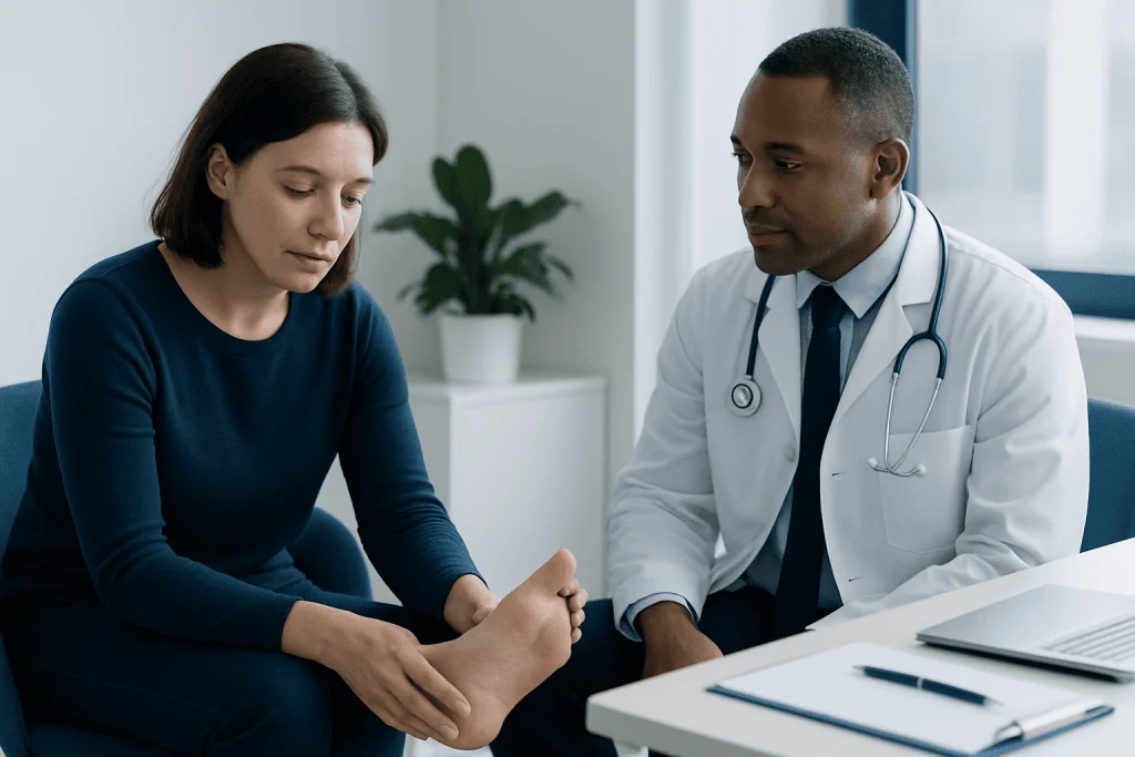 Doctor examining patient's foot for bump or swelling.