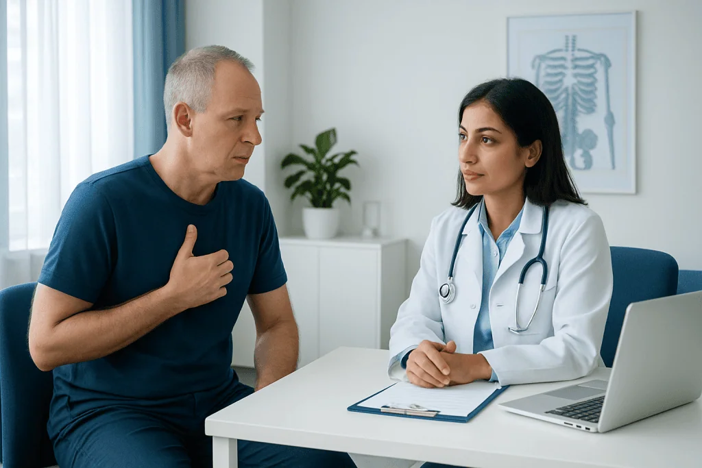 Doctor consulting with patient about chest health in a medical office.