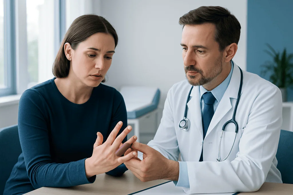 Doctor examining woman's finger for injury or swelling.