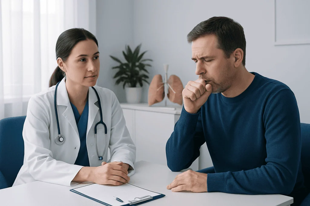 Doctor consulting with patient about cough and blood symptoms.