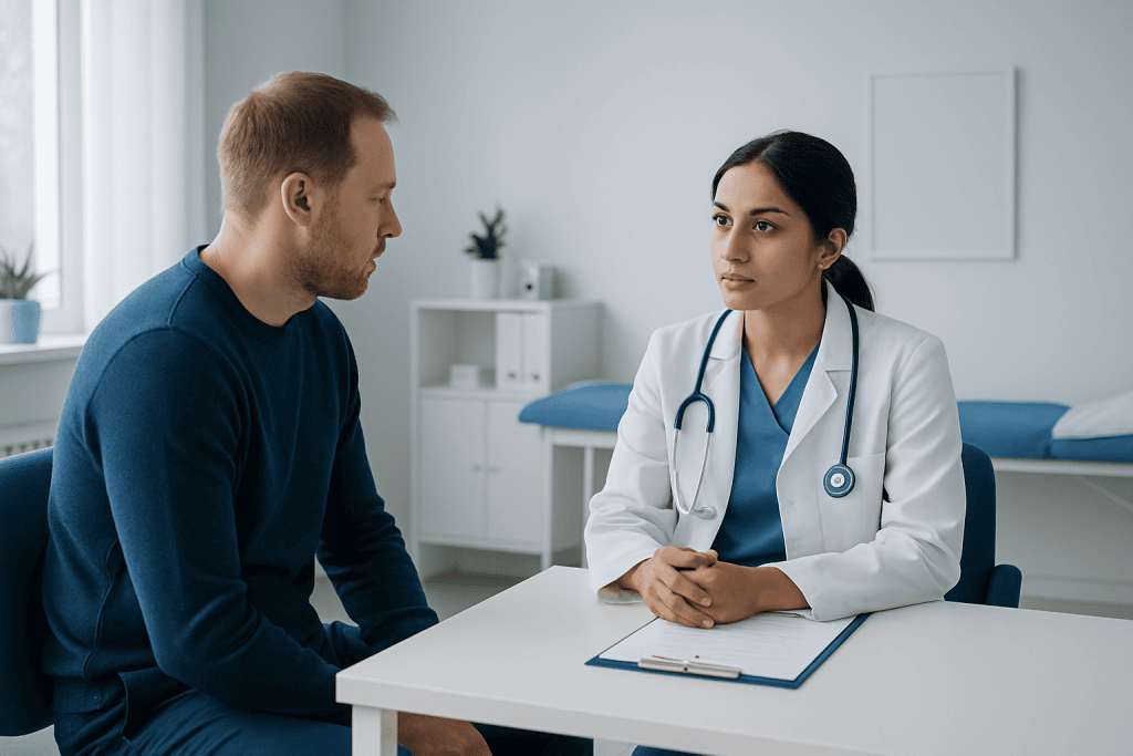 Doctor consulting with a male patient in a modern clinic setting.