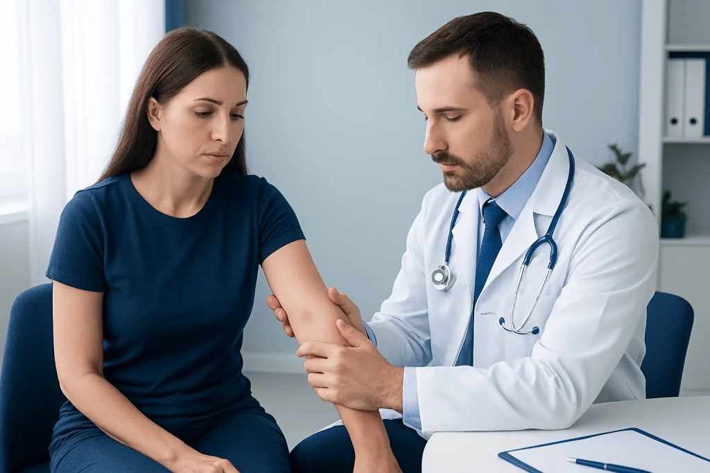 Doctor examining a woman's arm for skin bumps or rashes.