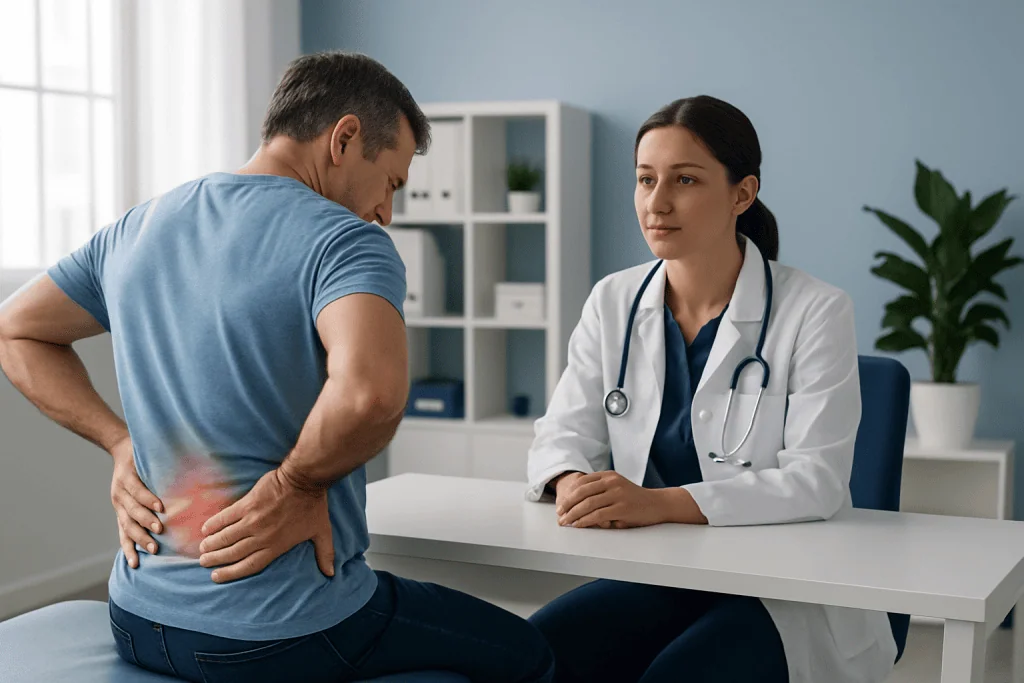 Patient consulting doctor about back pain in a medical office.