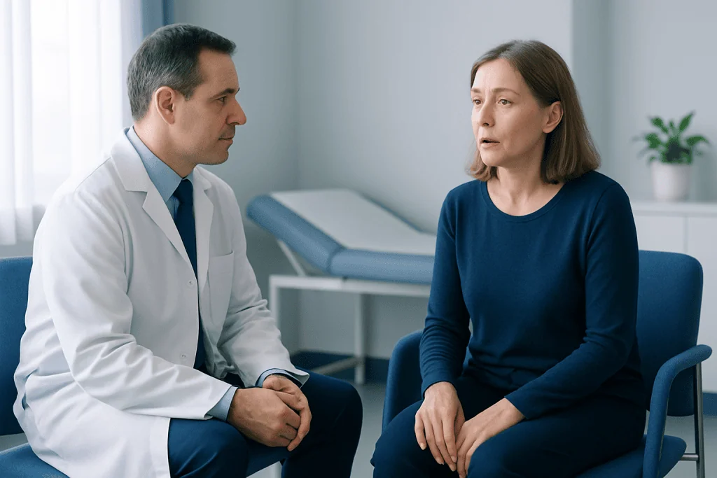 Doctor consulting with a female patient in a medical office.