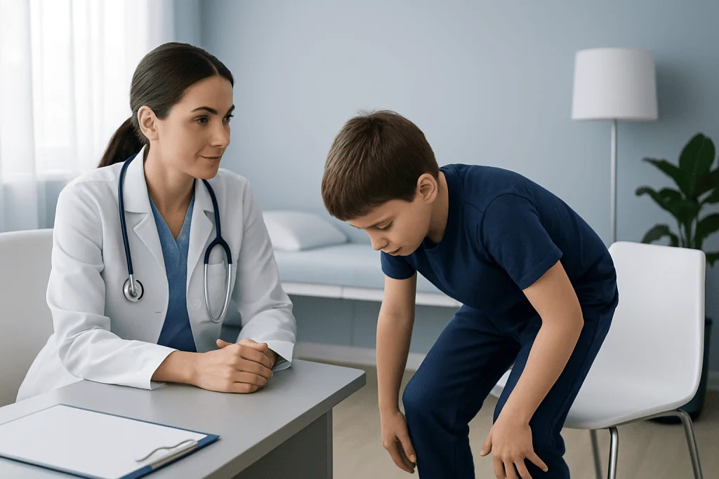 Doctor examining boy's posture for Gowers sign assessment.